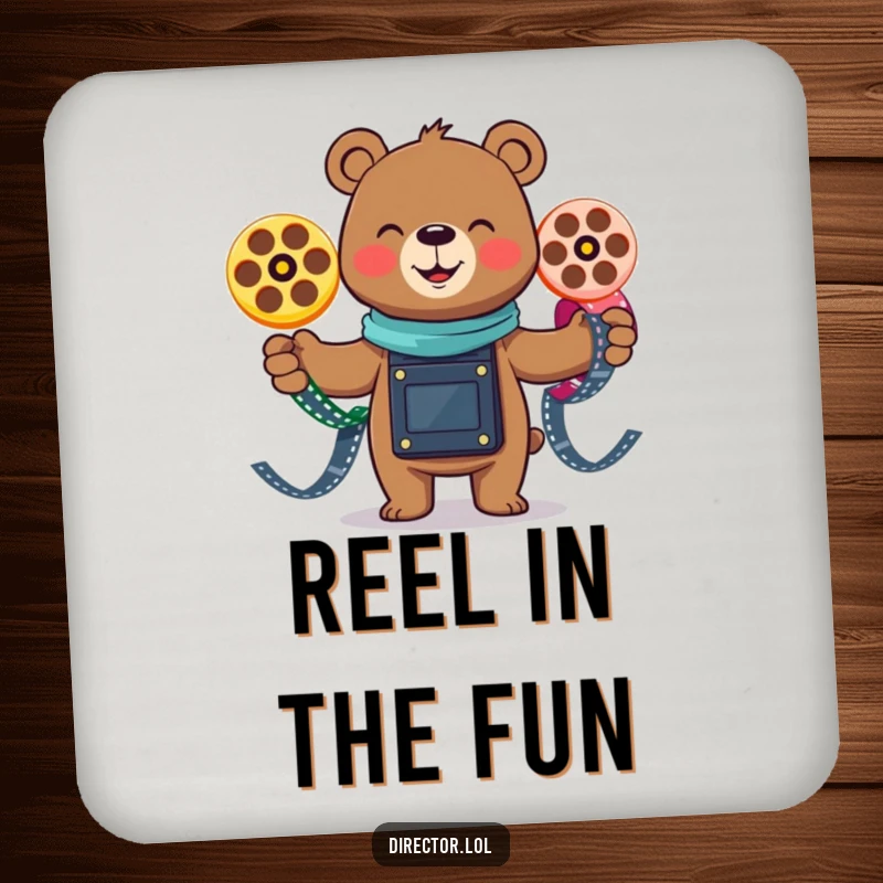 Funny smiling bear gleefully juggling three colorful film reels, a humorous drink coaster for protecting surfaces with performance flair.