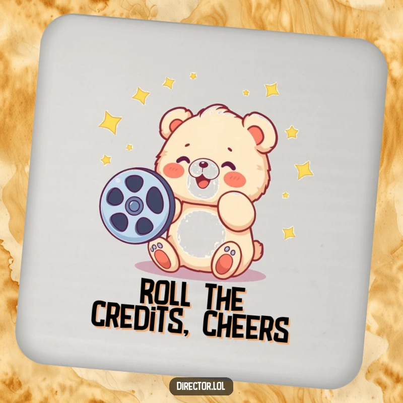 Funny drink coaster with a cartoon bear cub spinning a film reel, decorated with stars, adding cinematic fun.