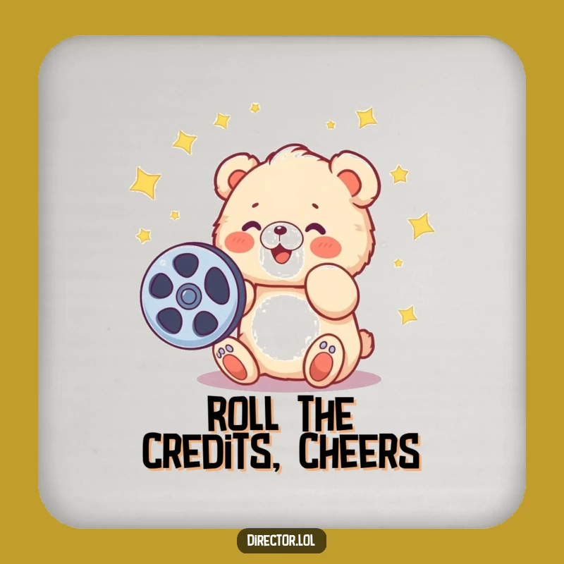 Funny Bear Cub Film Reel Coaster: Protect Surfaces with Cinematic Style!