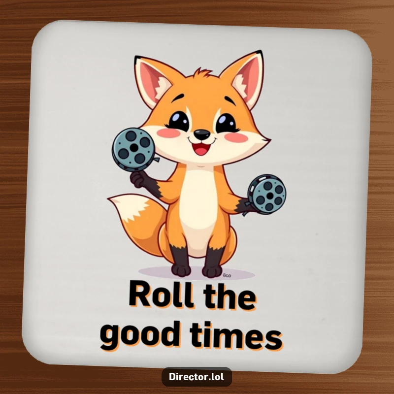 Funny drink coasters featuring a mischievous fox juggling film reels, adding a playful cinematic touch to any surface while protecting it.