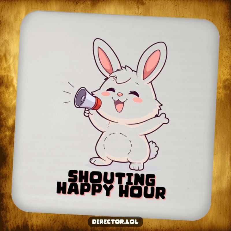 Funny Bunny Coaster: Fluffy bunny grins and gestures wildly with a megaphone, protecting surfaces with cheer.