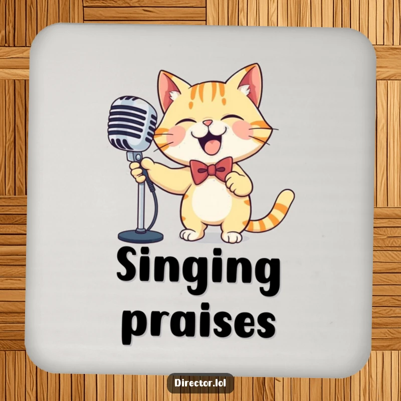 Funny cat microphone coaster, protects surfaces, shows a giggling cat in a bowtie, dramatically sweeping a large ornate microphone with pure joy.