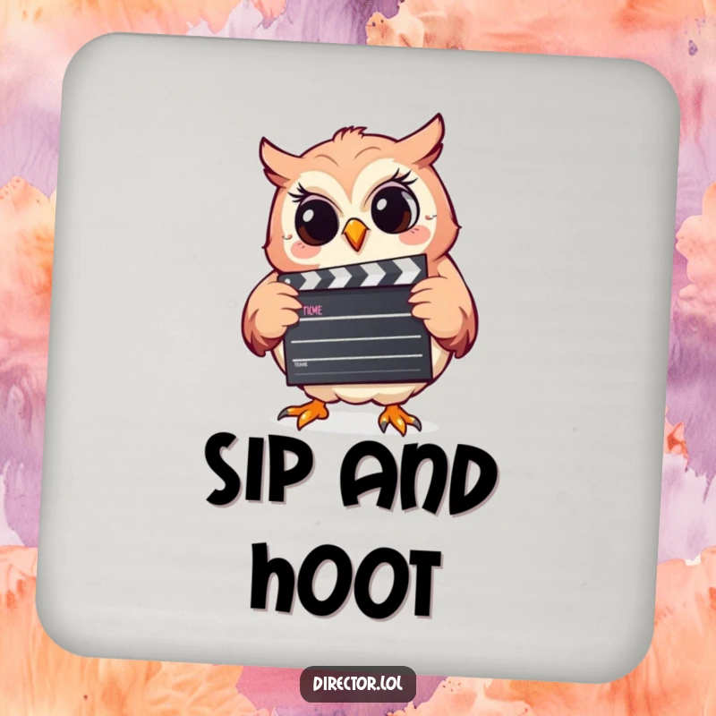 Funny coasters showcasing a giggling owl holding a clapperboard, adding a touch of cinematic fun to any beverage setting.