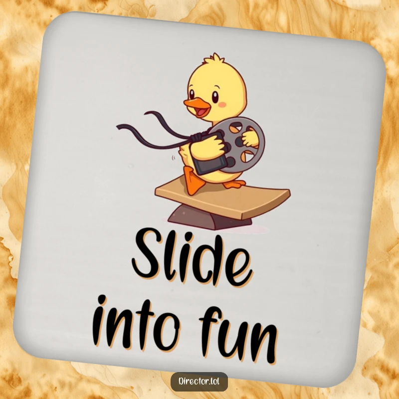 Funny determined duckling sliding down a ramp with a film reel, a humorous drink coaster for protecting surfaces with movie magic.