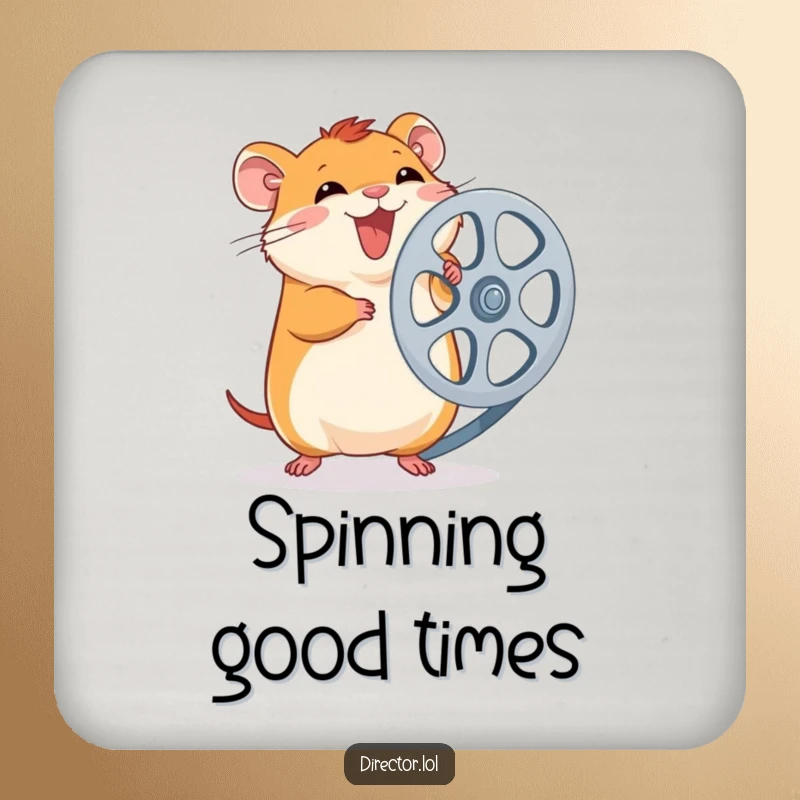Funny Hamster Film Reel Coaster: Giggling hamster spins a large film reel with excitement, protecting surfaces with movie humor, a funny gift.