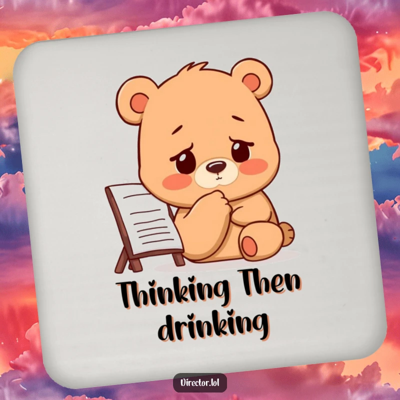 Funny Bear Director Coaster: A bear taps its chin thoughtfully while studying a storyboard, guarding your drinks with focus.
