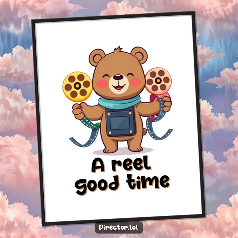 Funny smiling bear gleefully juggling three colorful film reels, a humorous movie-themed poster perfect for entertainment spaces.