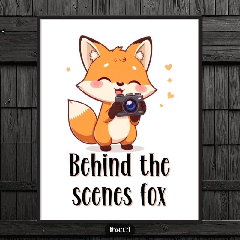 Funny Fox Director Poster: Charming fox holding a script, gesturing wildly with a prop camera, a detailed and humorous piece of film art.