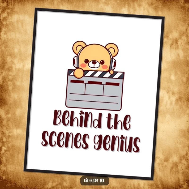 Funny Bear Director Poster: A tiny, smiling bear with headphones points energetically at a giant clapperboard, celebrating the magic of cinema humorously.