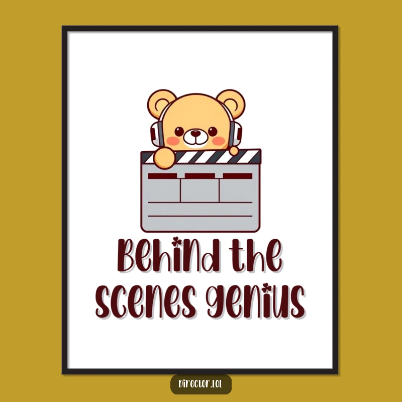 Funny Bear Director Poster: Enthusiastic Bear with Headphones & Clapperboard Art, Hilarious Gift Print