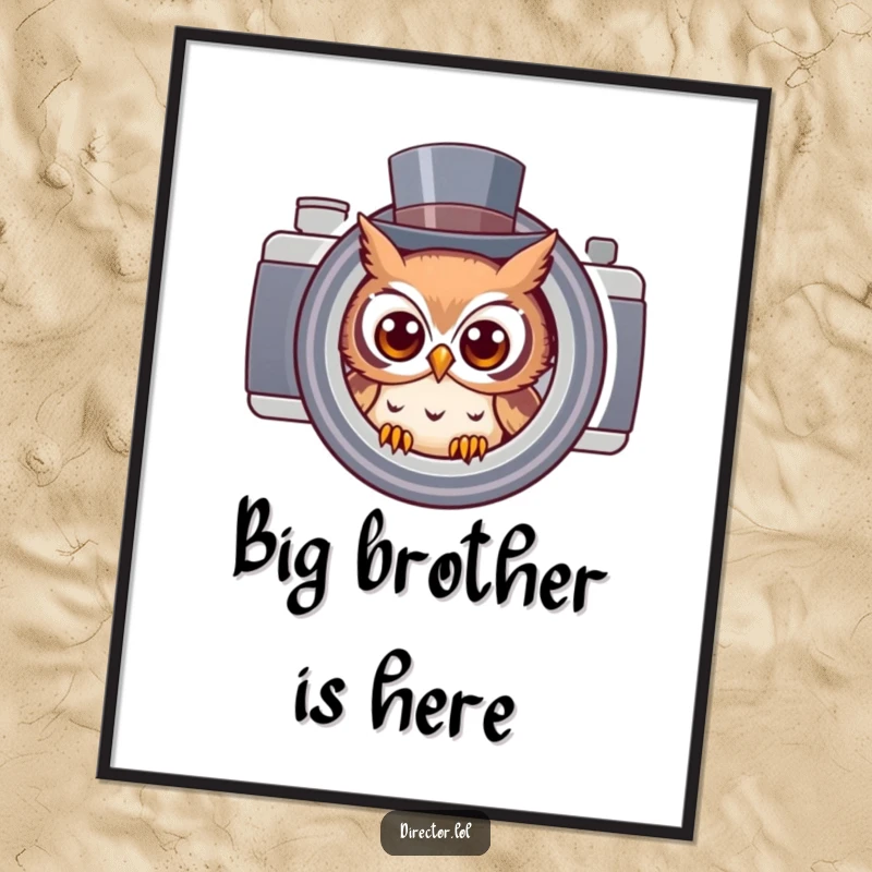 Funny owl in a top hat peeking through a giant camera lens, a humorous vintage-style poster perfect for photography studio decor.
