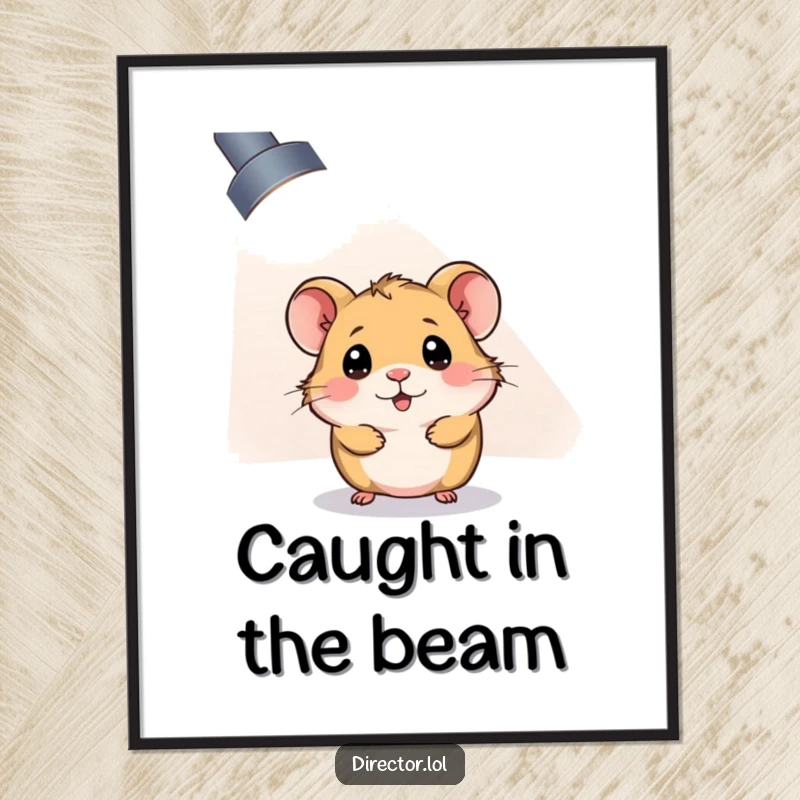 Funny Poster: A curious hamster peeks from behind a giant, brightly lit spotlight, a funny moment of discovery.
