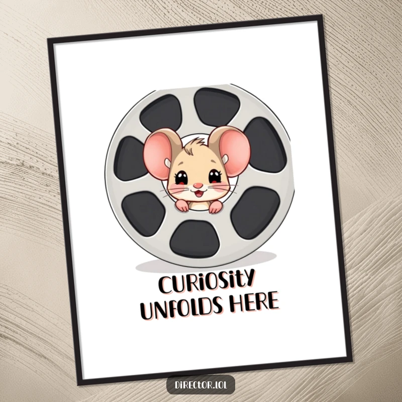 Funny mouse film reel poster, a curious cartoon mouse peeking from behind a giant film reel, its eyes sparkling with movie-induced excitement.