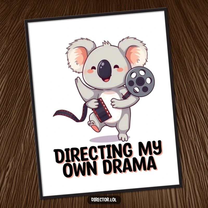 Funny poster of a bouncing koala holding a film reel, striking a playful pose, great for home or office decor.