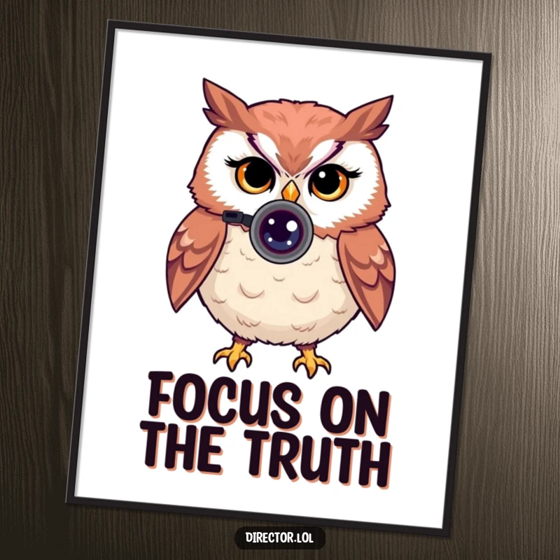 Funny poster of a proud owl peering through a tiny camera lens with a knowing wink, great for photo studios.
