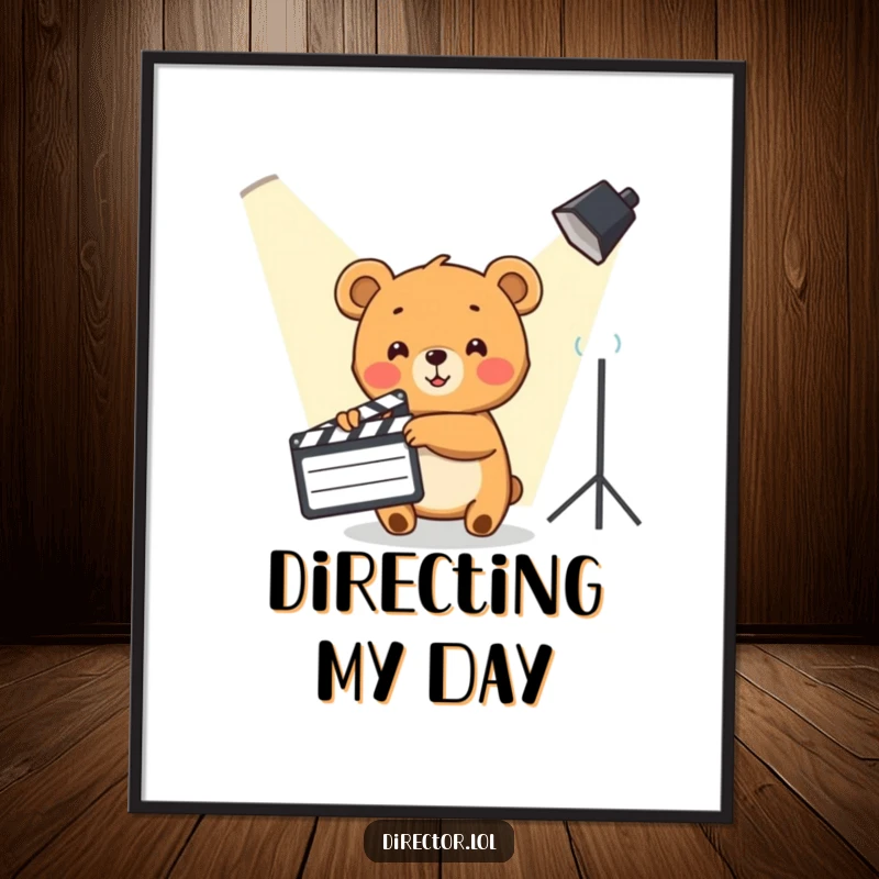 Funny Bear Cub Poster: A cute bear cub enthusiastically points a clapboard towards a spotlight, creating a dramatic scene.