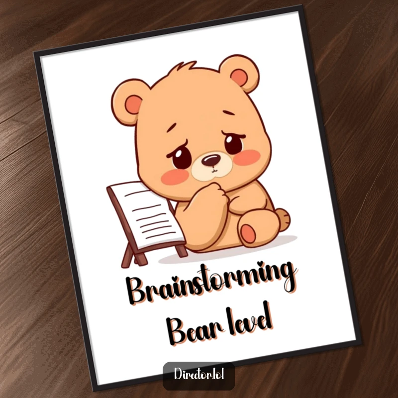 Funny Bear Director Poster: A bear contemplates a storyboard, tapping its chin with a furrowed brow, symbolizing deep thought.