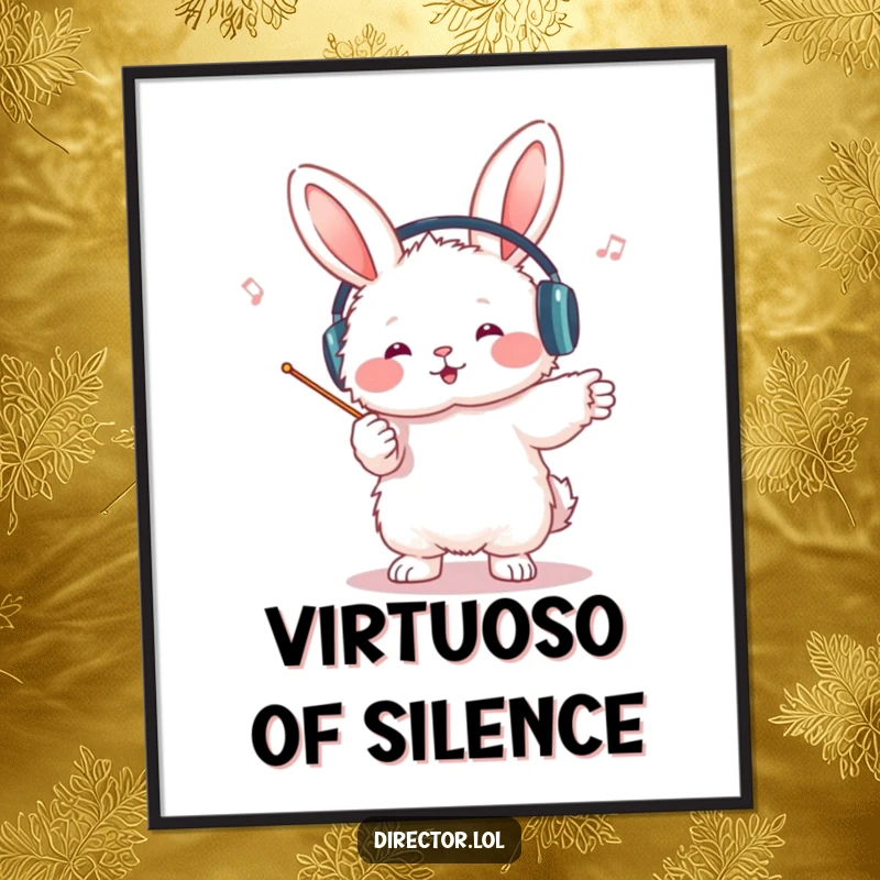 Funny bunny conductor poster, art print, a fluffy bunny with headphones, passionately conducting an invisible orchestra with a tiny baton, full of energy.