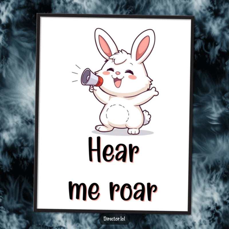Funny Bunny Poster: A happy bunny character gestures wildly with a small megaphone, spreading cheer.