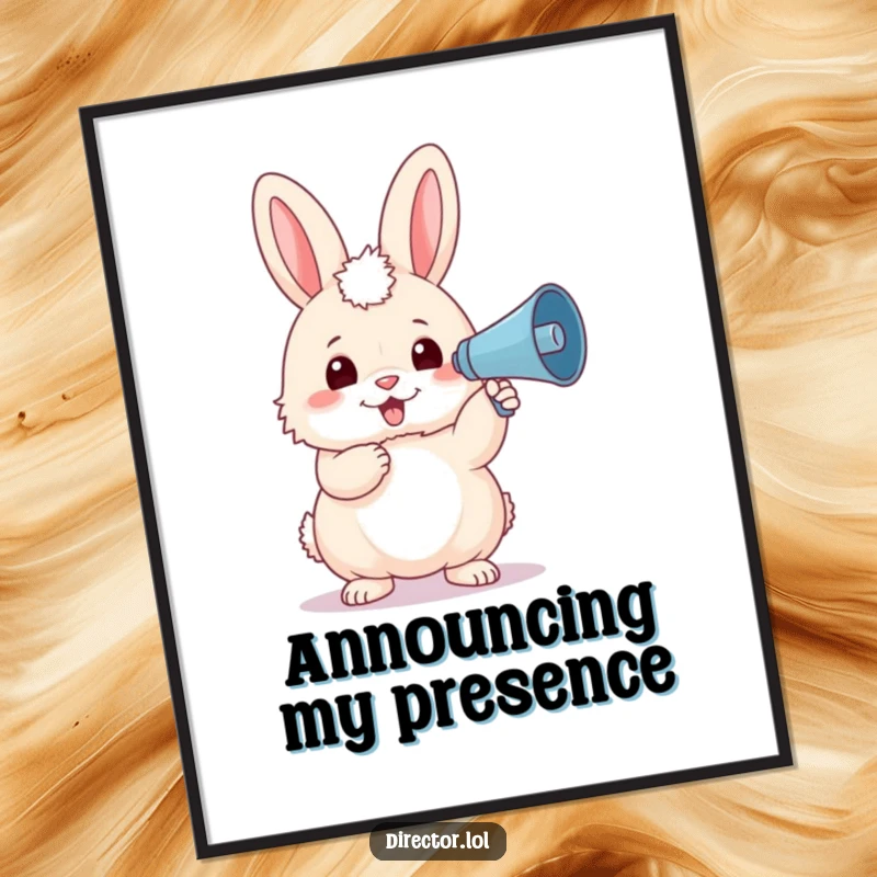 Funny fluffy bunny in a stylish beret, holding a tiny megaphone and enthusiastically shouting encouragement on this vibrant wall art poster.