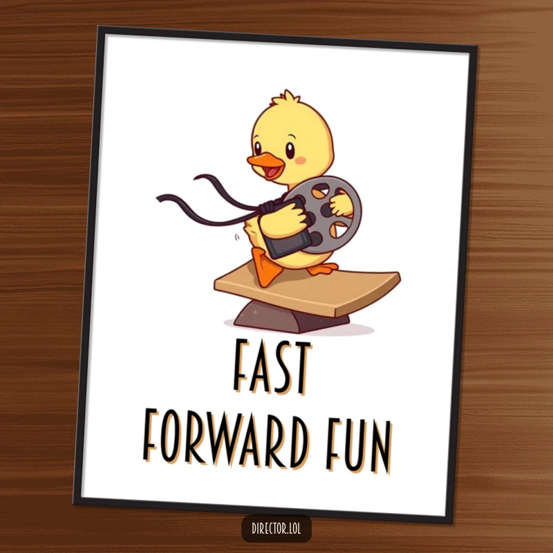 Funny determined duckling sliding down a ramp, holding a film reel, a humorous movie-themed poster perfect for home theater decor.