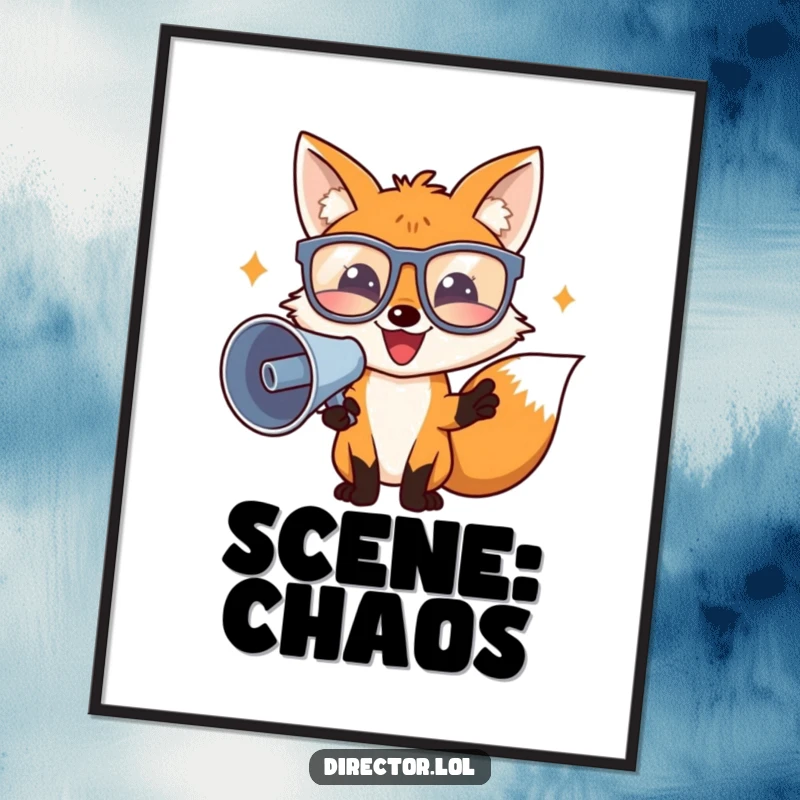 Funny director fox with oversized glasses and megaphone, creating a humorous movie production scene on a poster.