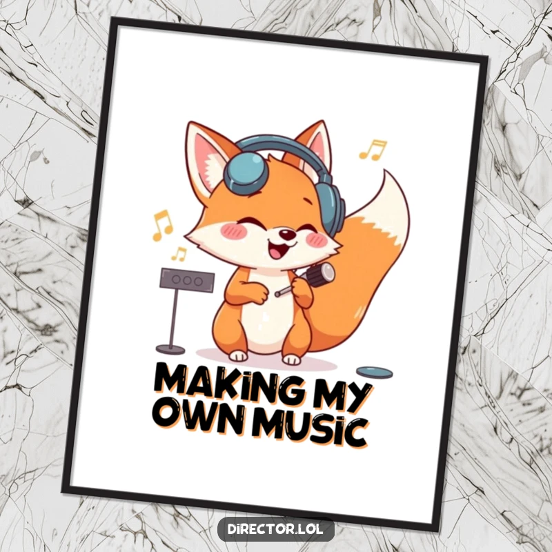 Funny giggling fox with oversized headphones, conducting an invisible orchestra with immense glee on this vibrant wall art poster.