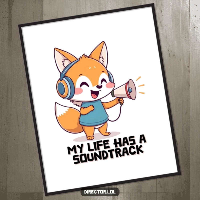Funny poster of a cheerful cartoon fox wearing headphones, enthusiastically directing invisible actors with a tiny megaphone.