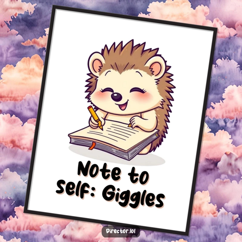 Funny giggling hedgehog scribbling notes intensely on a giant yellow notepad, a humorous office art print for creative spaces.