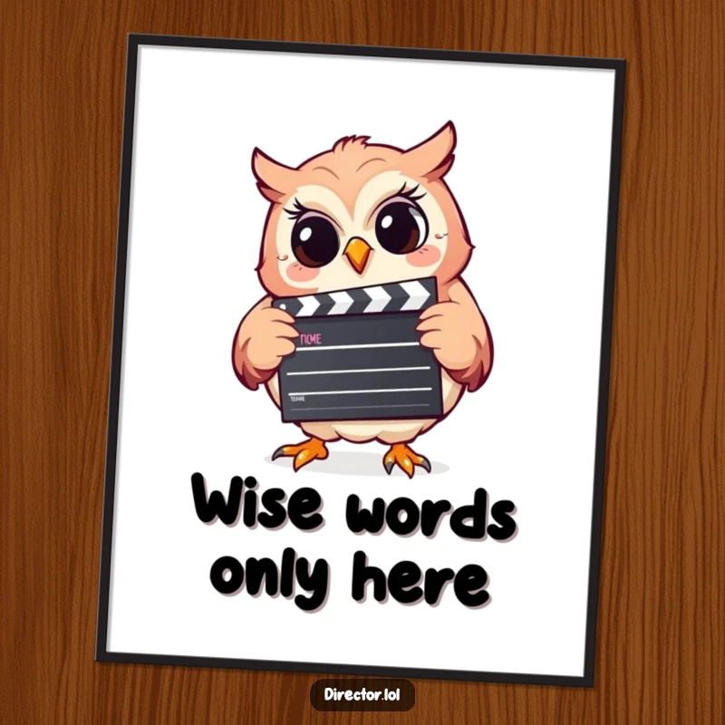 Funny poster featuring a giggling owl holding a clapperboard, exuding an infectious joy and readiness for cinematic fun.