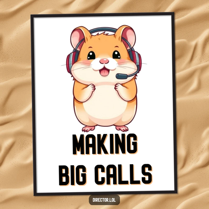 Funny poster featuring a determined hamster wearing a gaming headset, symbolizing focus and victory in the digital realm.