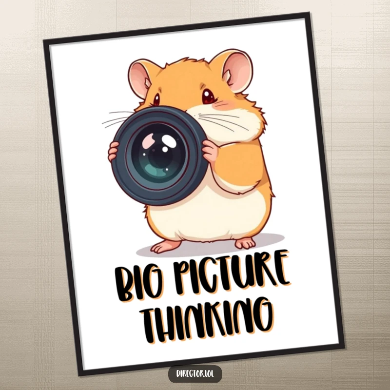 Funny poster featuring a dedicated hamster meticulously adjusting an oversized camera lens, capturing the photography spirit.