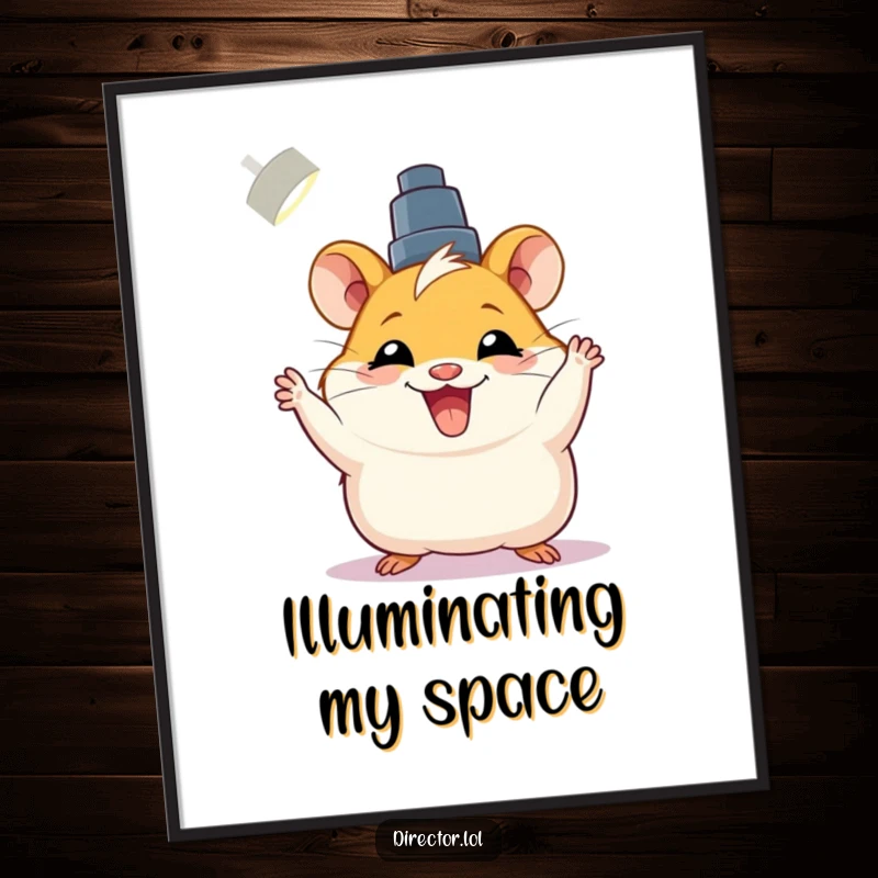 Funny poster of a joyful hamster adjusting a spotlight with a big grin, great for home or office.