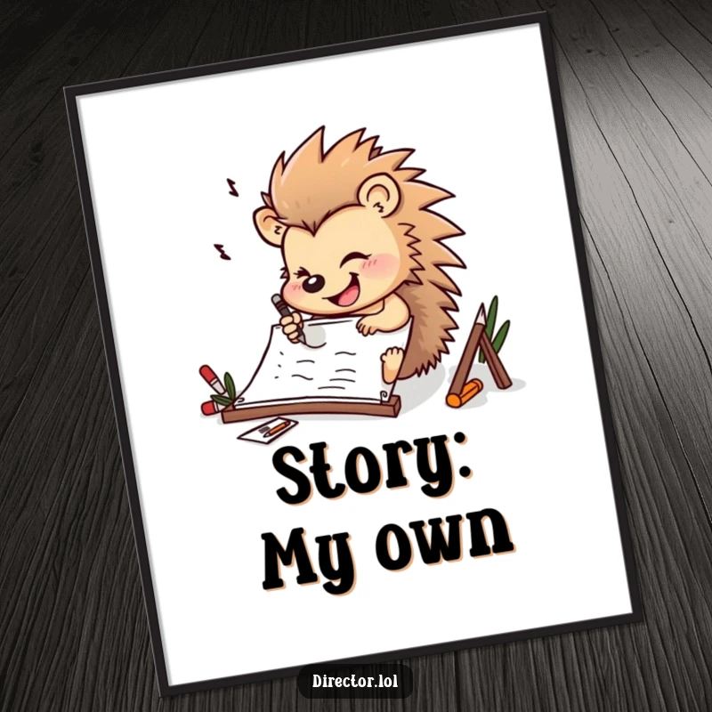 Funny determined hedgehog drawing furiously on a storyboard with a cheerful smile on this captivating wall art poster.