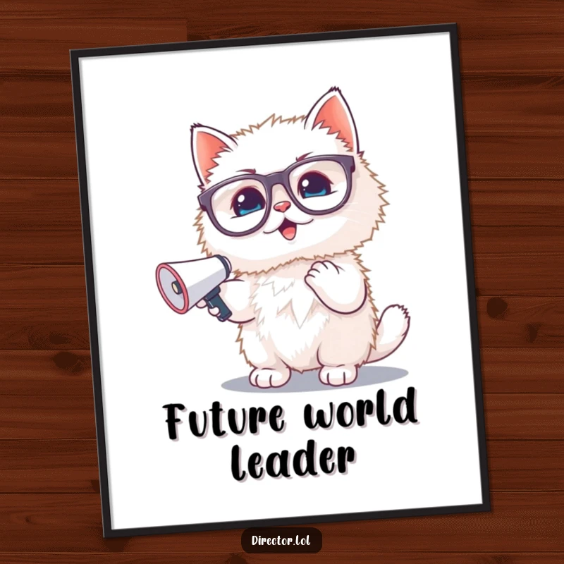 Funny poster: A fluffy white kitten wearing oversized glasses proudly waves a small megaphone, radiating infectious enthusiasm and joy.
