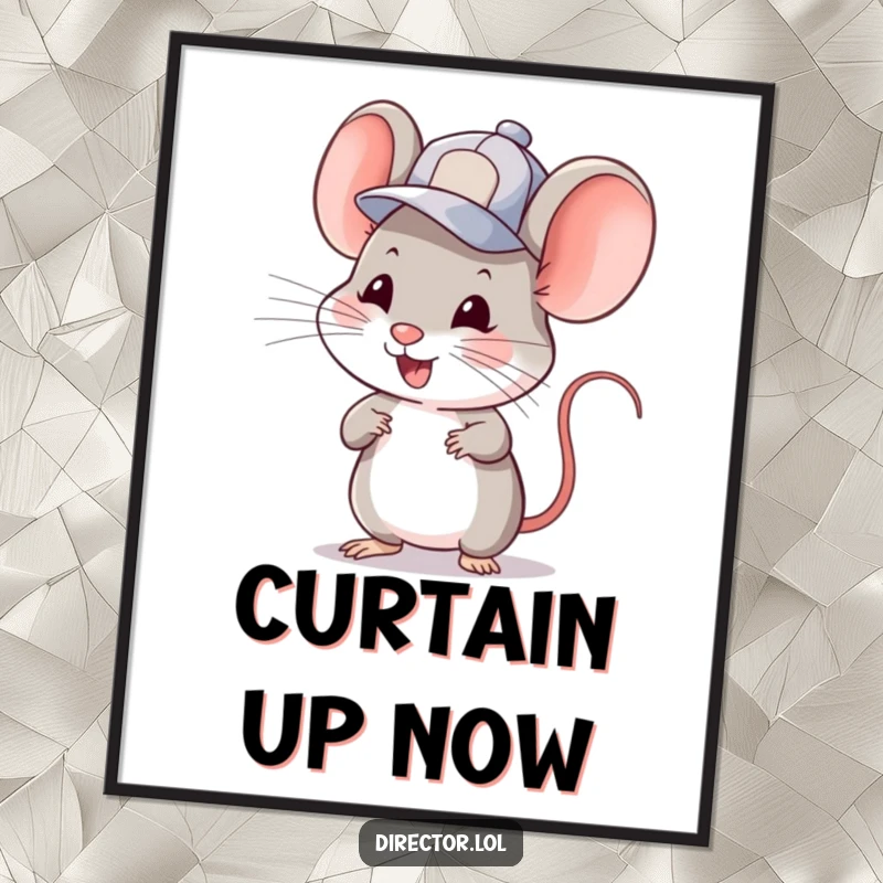 Funny mouse in a cap, winking and gesturing to cue a scene. Humorous wall art, a perfect funny gift.