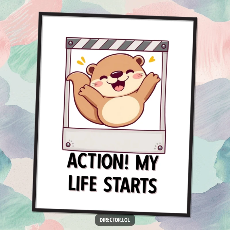 Funny Poster: Cheerful otter energetically sliding down a storyboard frame, embodying the spirit of movie creation.