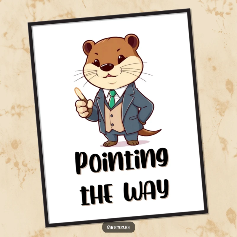 Funny otter in a suit, holding a glowing pointer, dramatically gesturing. A humorous and stylish art print, perfect gift.