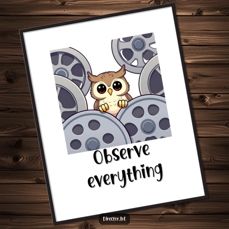 Funny Poster showcasing a happy owl with wide, curious eyes peeking over giant film reels, bringing a whimsical cinematic vibe to any wall.