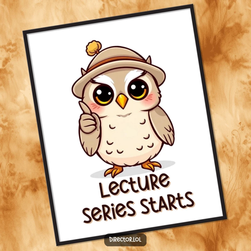 Funny poster of a happy owl wearing a tiny hat, dramatically gesturing with a miniature pointer, a humorous piece of intellectual art.