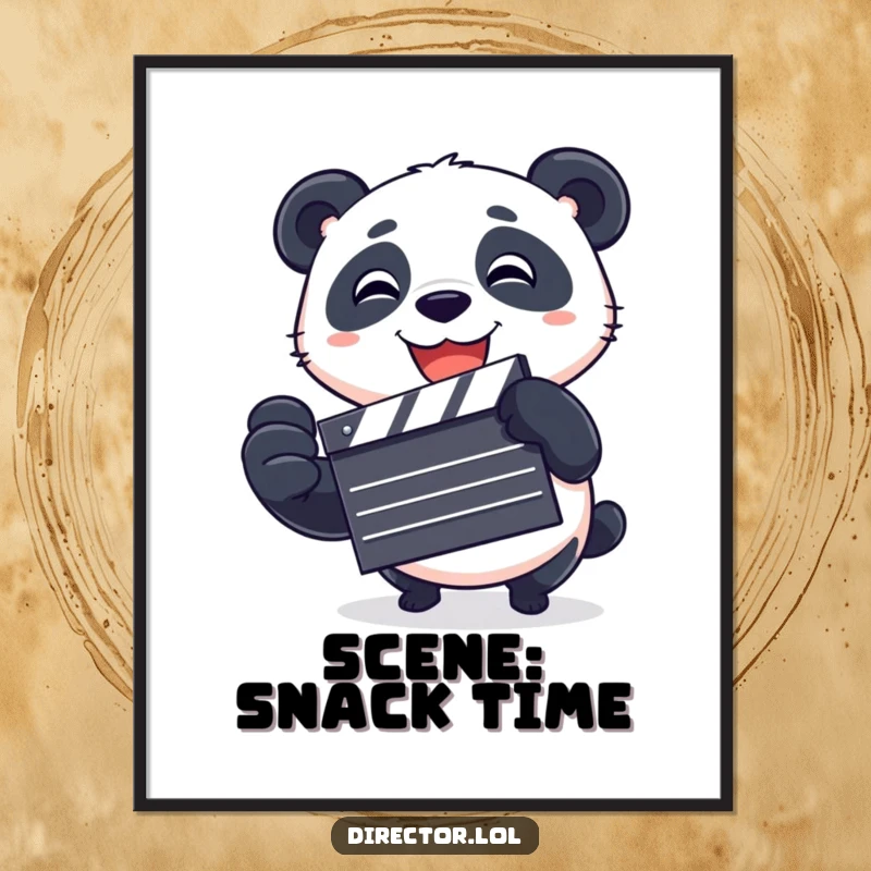 Funny Poster featuring a playful panda spinning a clapboard with a wide, excited grin, bringing vibrant cinematic energy and humor to wall decor.
