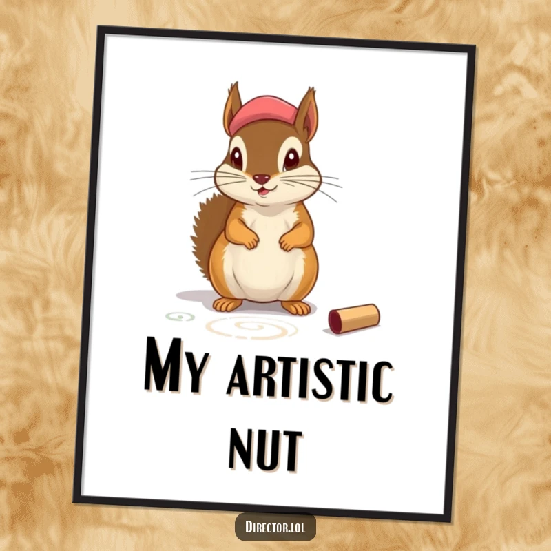 Funny Poster: Artistic squirrel in a beret chalking theatrical markings, capturing a moment of funny creative focus on the floor.
