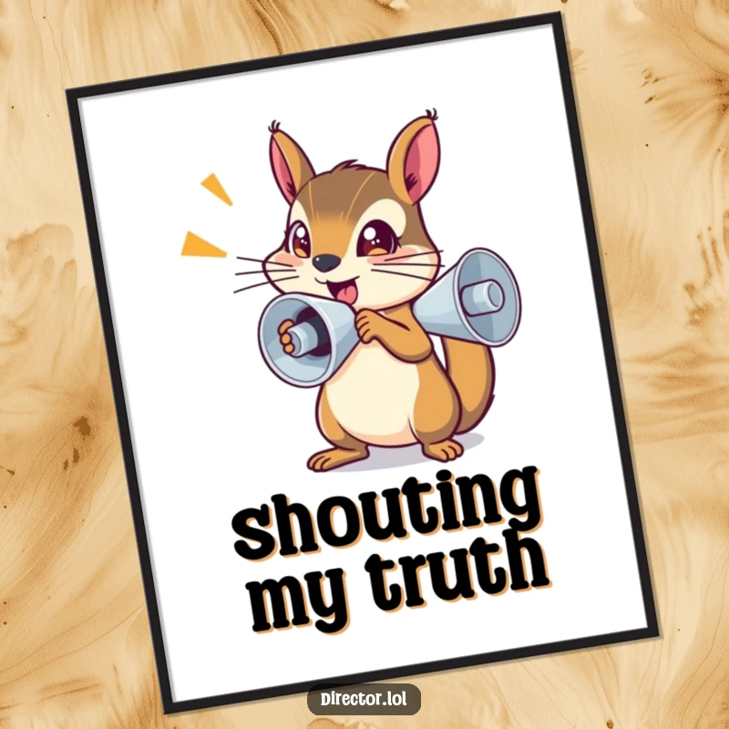 Funny Poster: Determined squirrel in action with a tiny megaphone, sparkling eyes, motivational wall decor.