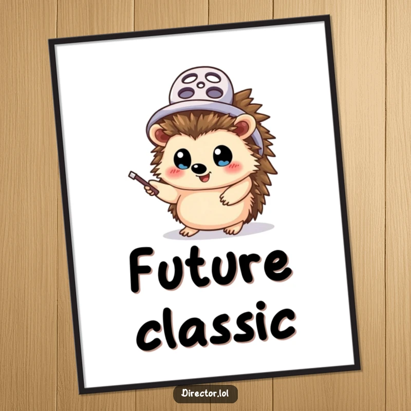 Funny hedgehog director poster, wall art, a cheerful hedgehog wearing a tiny film reel hat, enthusiastically waving a pointer stick, capturing a moment.