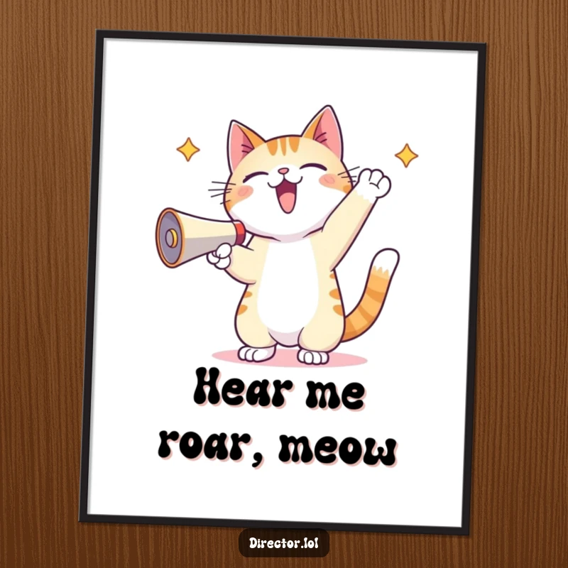 Funny Kawaii Cat Poster: A vibrant image of a kawaii cat joyfully shouting into a megaphone, paws raised high in excitement.