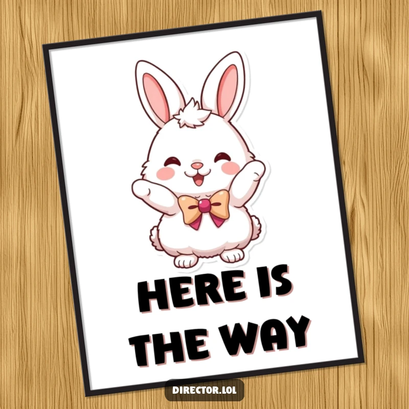 Funny poster art of a fluffy bunny in a small bowtie pointing energetically, adding a humorous touch to decor.