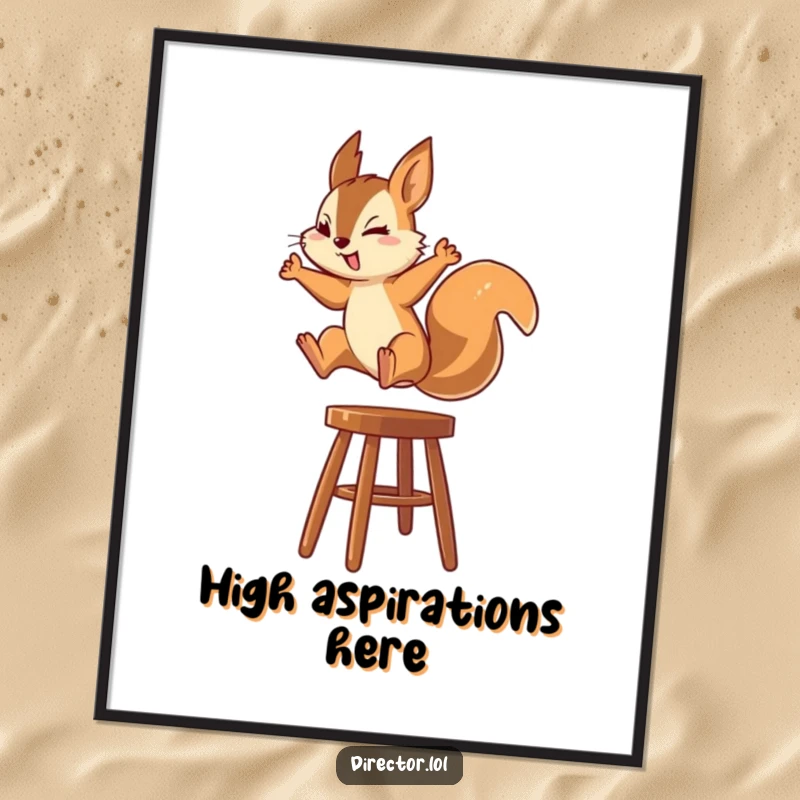 Funny Squirrel Poster: A dynamic image of a squirrel focused on leaping onto a high stool, illustrating ambition and determination.