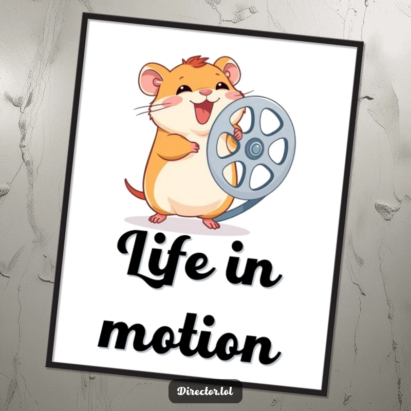 Funny Hamster Film Reel Poster: A giggling hamster spins a large film reel with pure excitement, capturing the essence of movie magic humorously.