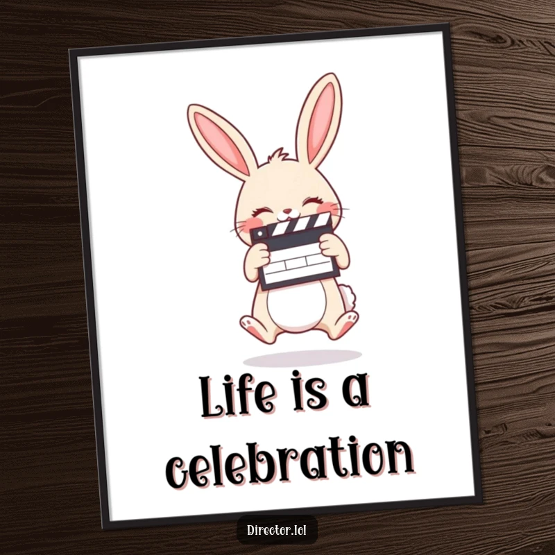 Funny poster featuring a giggling cartoon bunny holding a clapboard, jumping for joy, embodying cinematic excitement.
