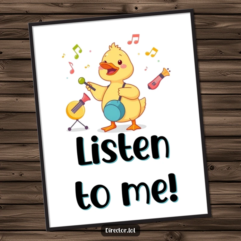 Funny Duckling Conductor Poster: A cute duckling energetically leads a symphony of toy instruments, bringing musical cheer.